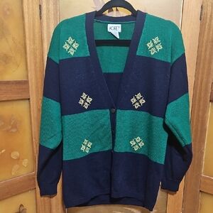 Vintage Wool Preppy Academia Koret Green and Navy Sweater Cardigan